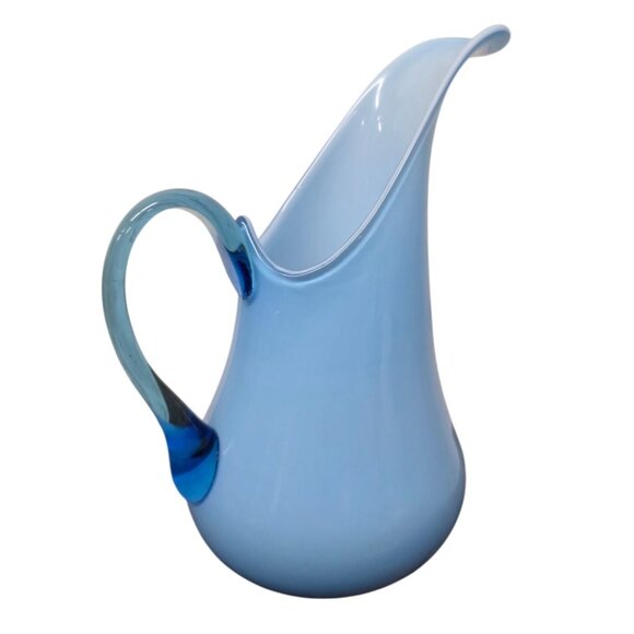 7.5" Empoli Pale Blue Art Glass Pitcher Vase Swirled Handle Italy MCM - Picture 4 of 9